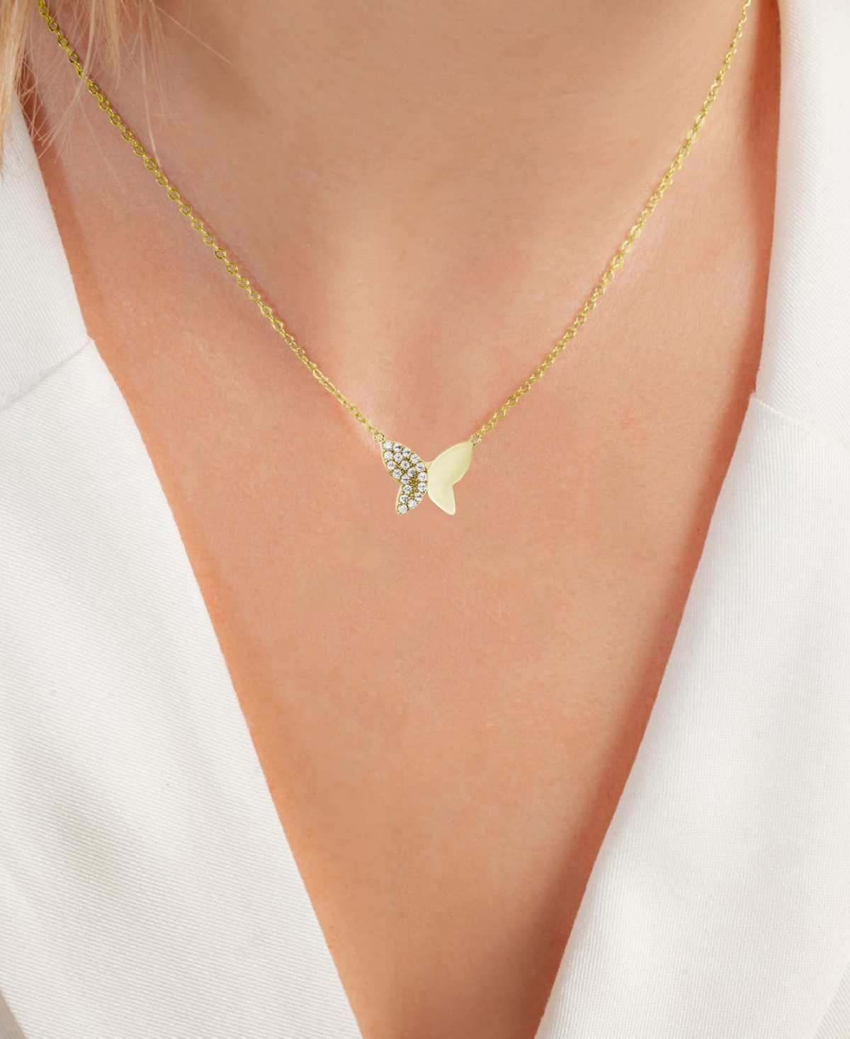 Macy's Cubic Zirconia Demi Pave Butterfly Pendant Necklace In 14k Gold-plated Sterling Silver, 16 + 2" Exte In Gold