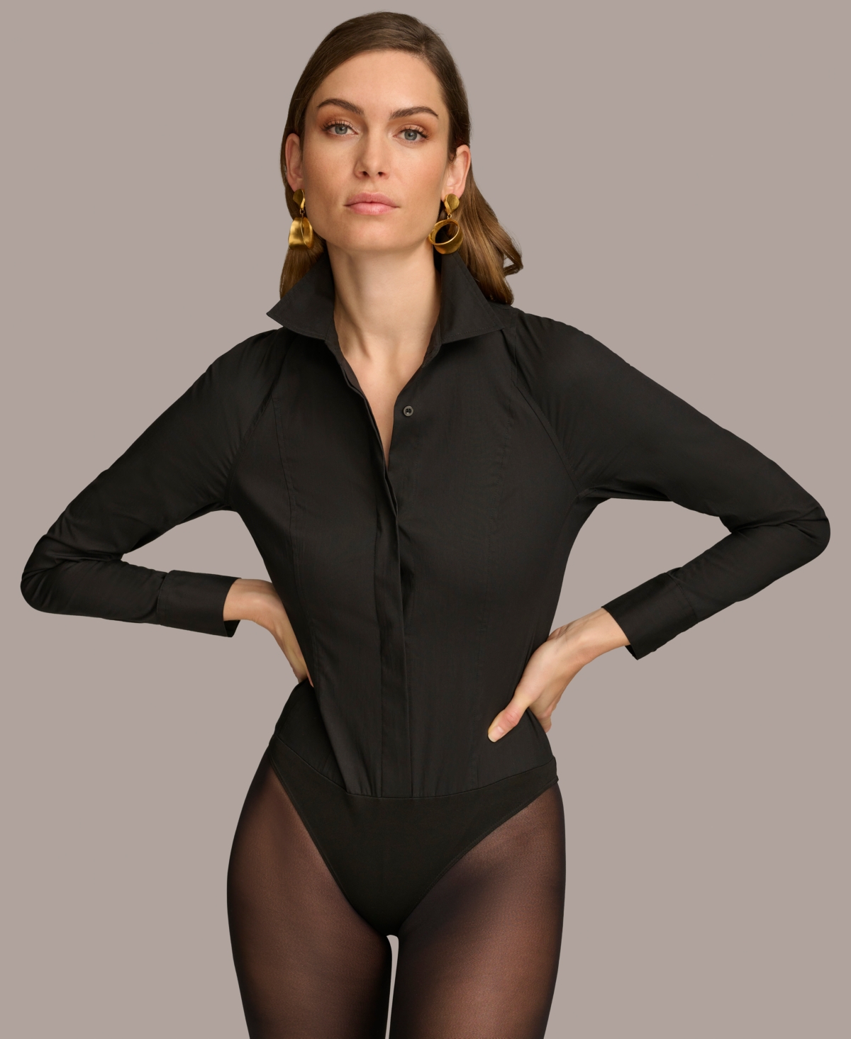Donna Karan Women's Button-front Long-sleeve Bodysuit In Black