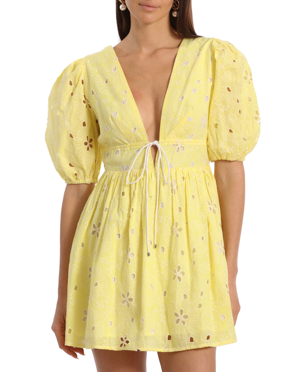 Avec Les Filles Women's Eyelet Puff-sleeve Mini Dress In Yellow