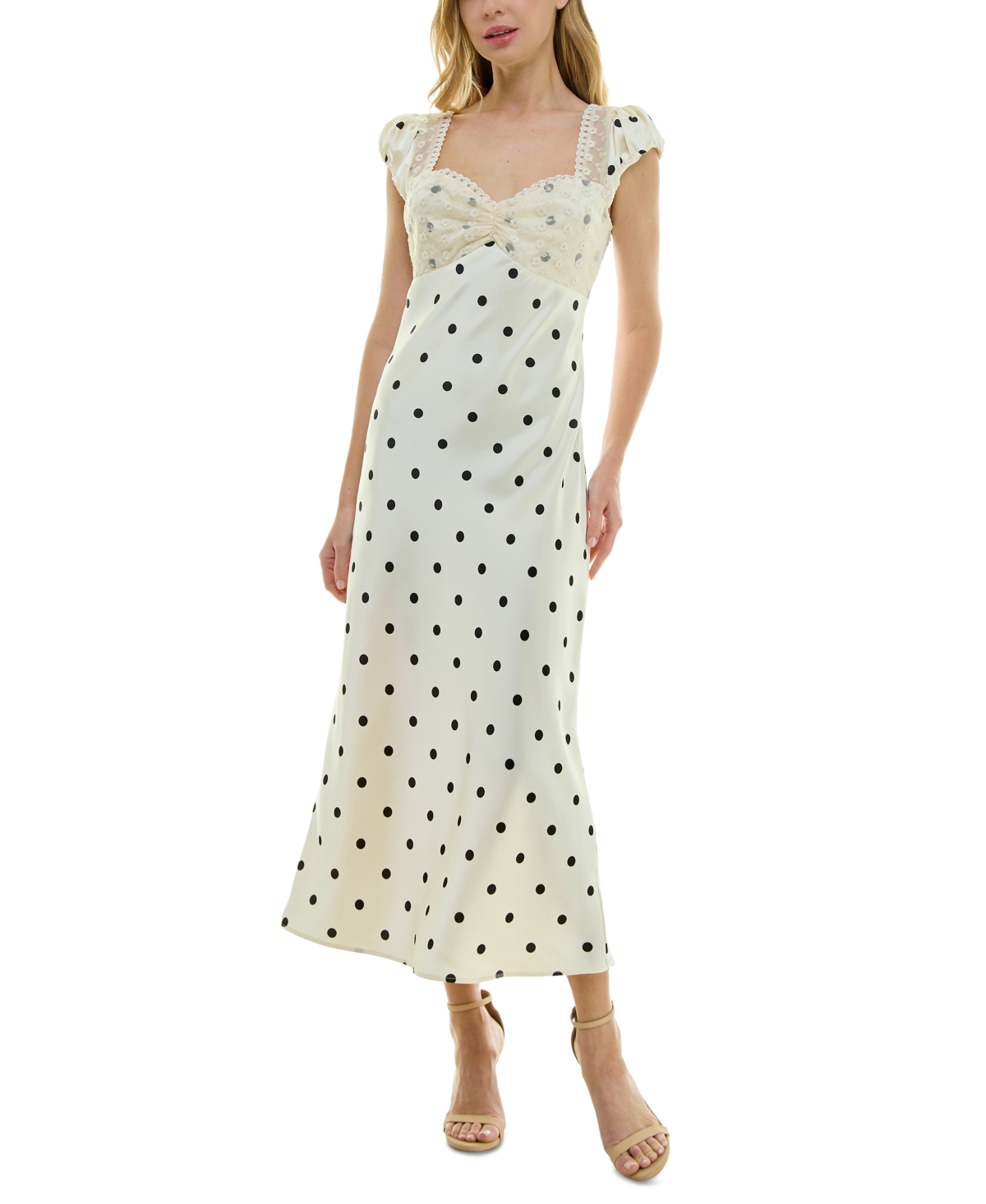 Shop Crystal Doll Juniors' Polka Dot Lace-trim Satin Maxi Dress In Cream,blac