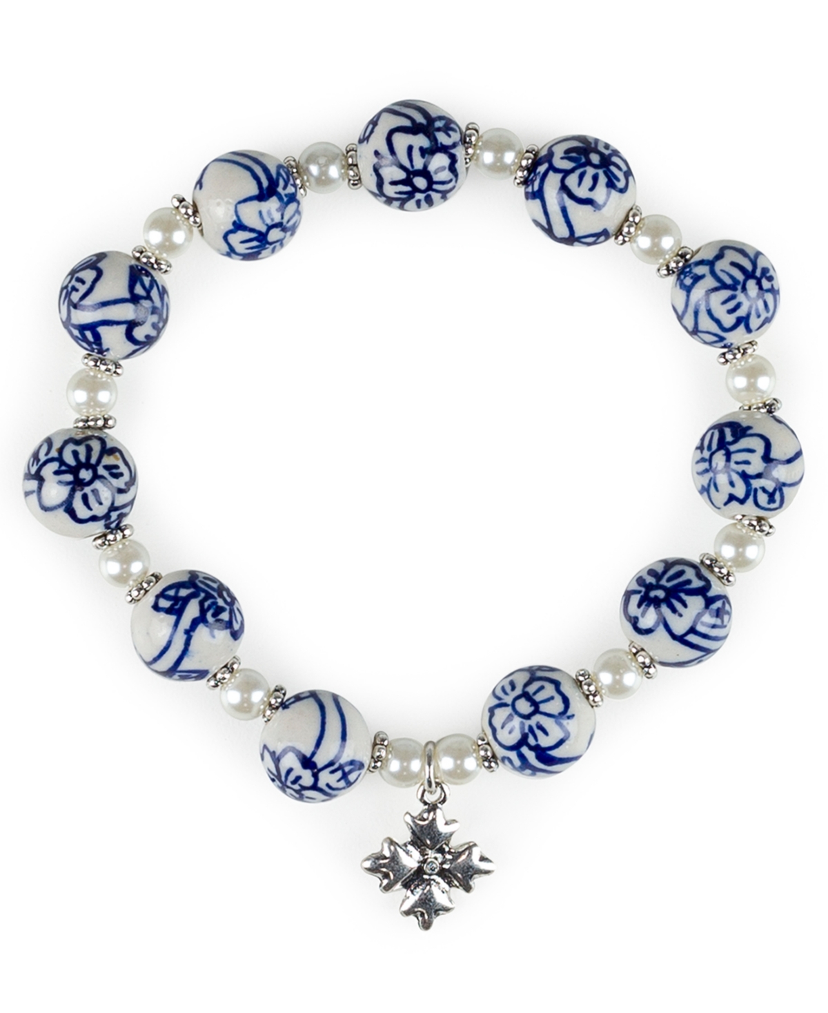 Silver-Tone Imitation Pearl & Floral-Print Bead Stretch Bracelet - Silver Ox, Blue