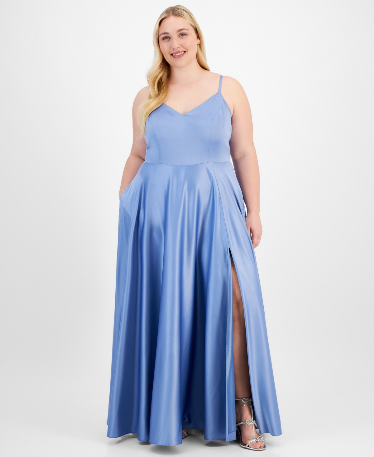 Trendy Plus Size Satin Sleeveless Gown - Chambray