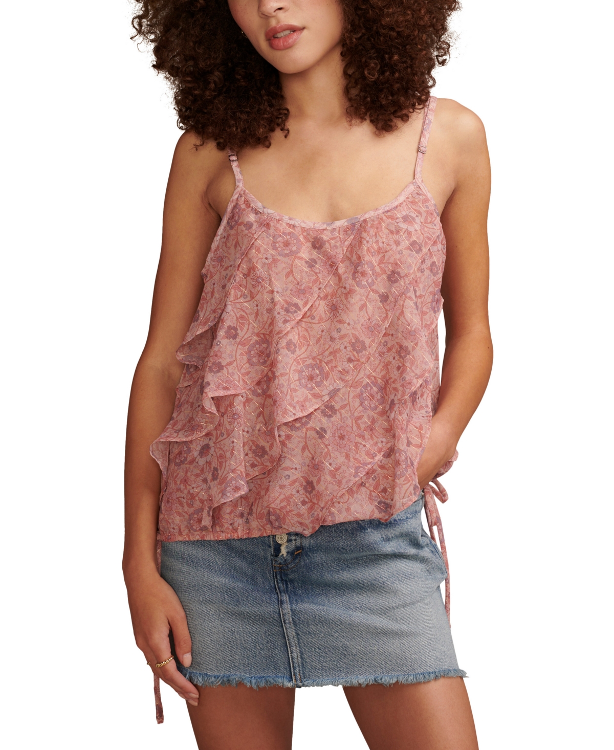 Lucky Brand Women's Printed Asymmetrical Ruffle Camisole Top In Blush Multi