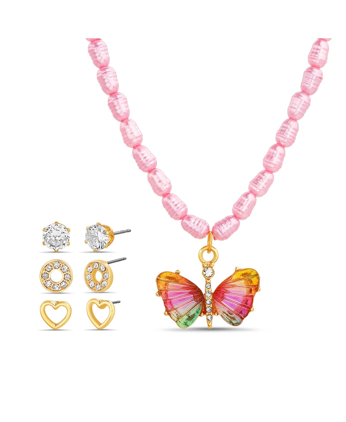 3 Piece Mixed Earring Set with Pearl Butterfly Pendant Necklace - Multi