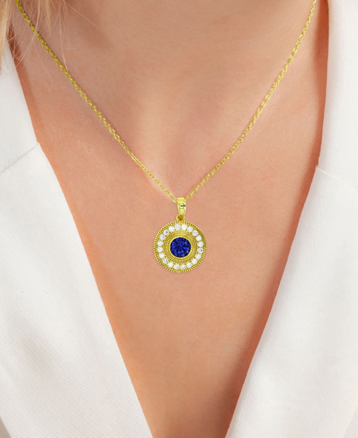 Cubic Zirconia Halo Halo Bead Disc Pendant Necklace in 14k Gold-Plated Sterling Silver, 18