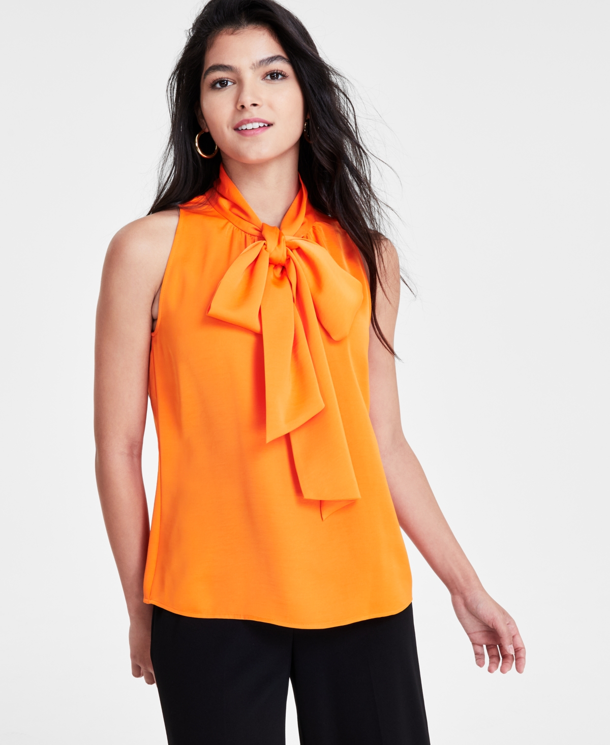 Women's Sleeveless Tie-Neck Blouse, Created for Macy's - Tangerine