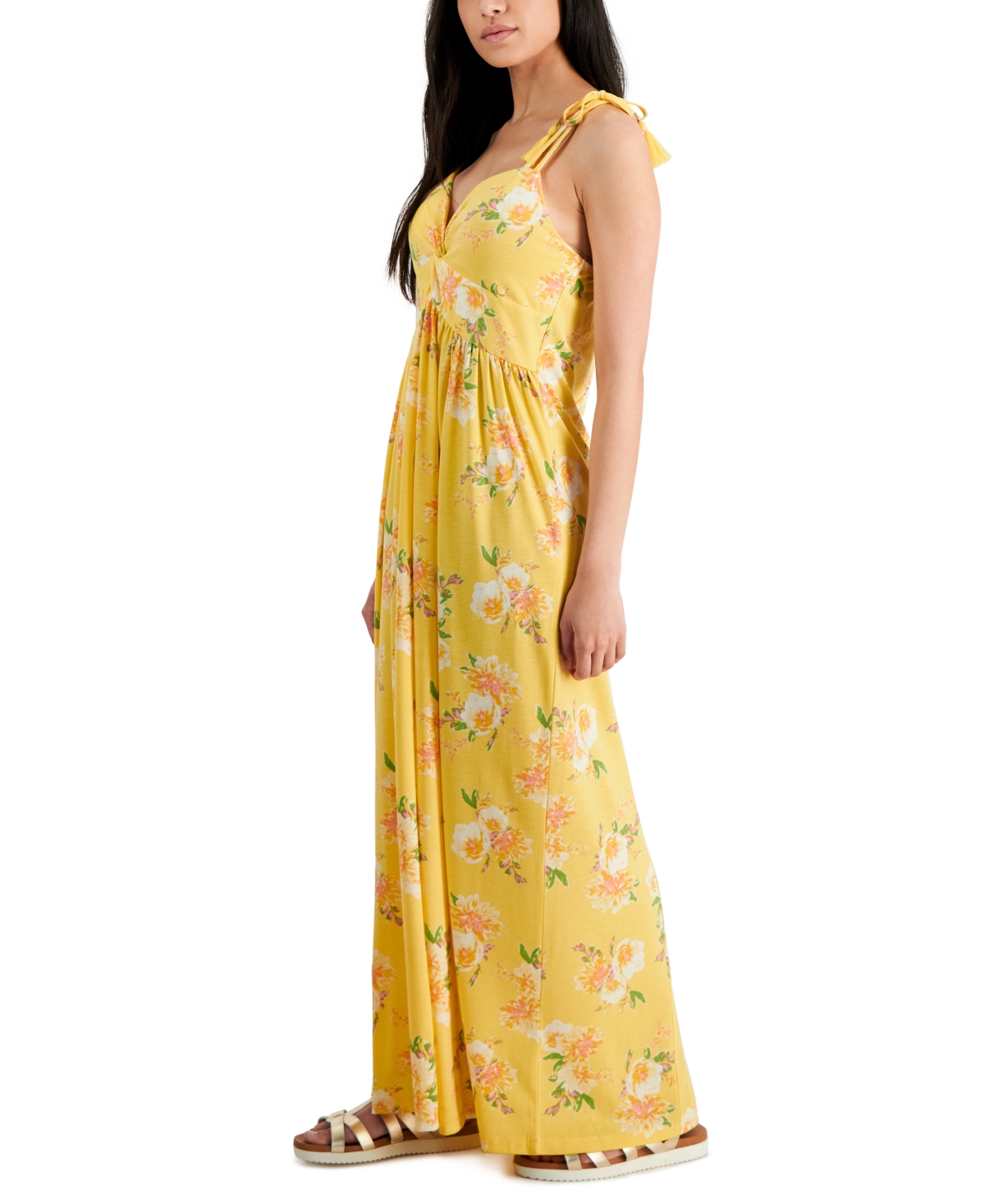 Shop Jamie & Layla Petite Shoulder-tie Twist-front Maxi Dress In Yellow Green Small Floral