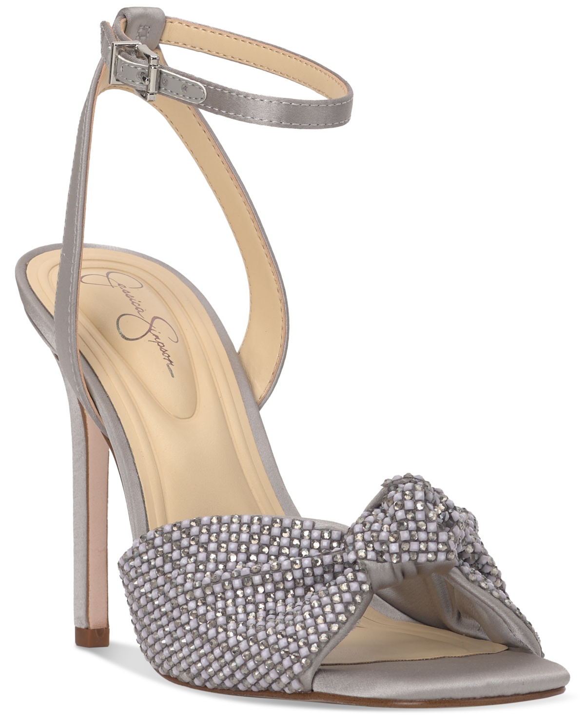 Jessica Simpson Women s Ohela Beaded Knot Ankle Strap Dress Sandals Pewter Satin Smart Closet