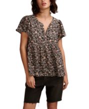 LUCKY BRAND NEW Women's Printed Linen Blend Peasant Blouse Shirt Top TEDO