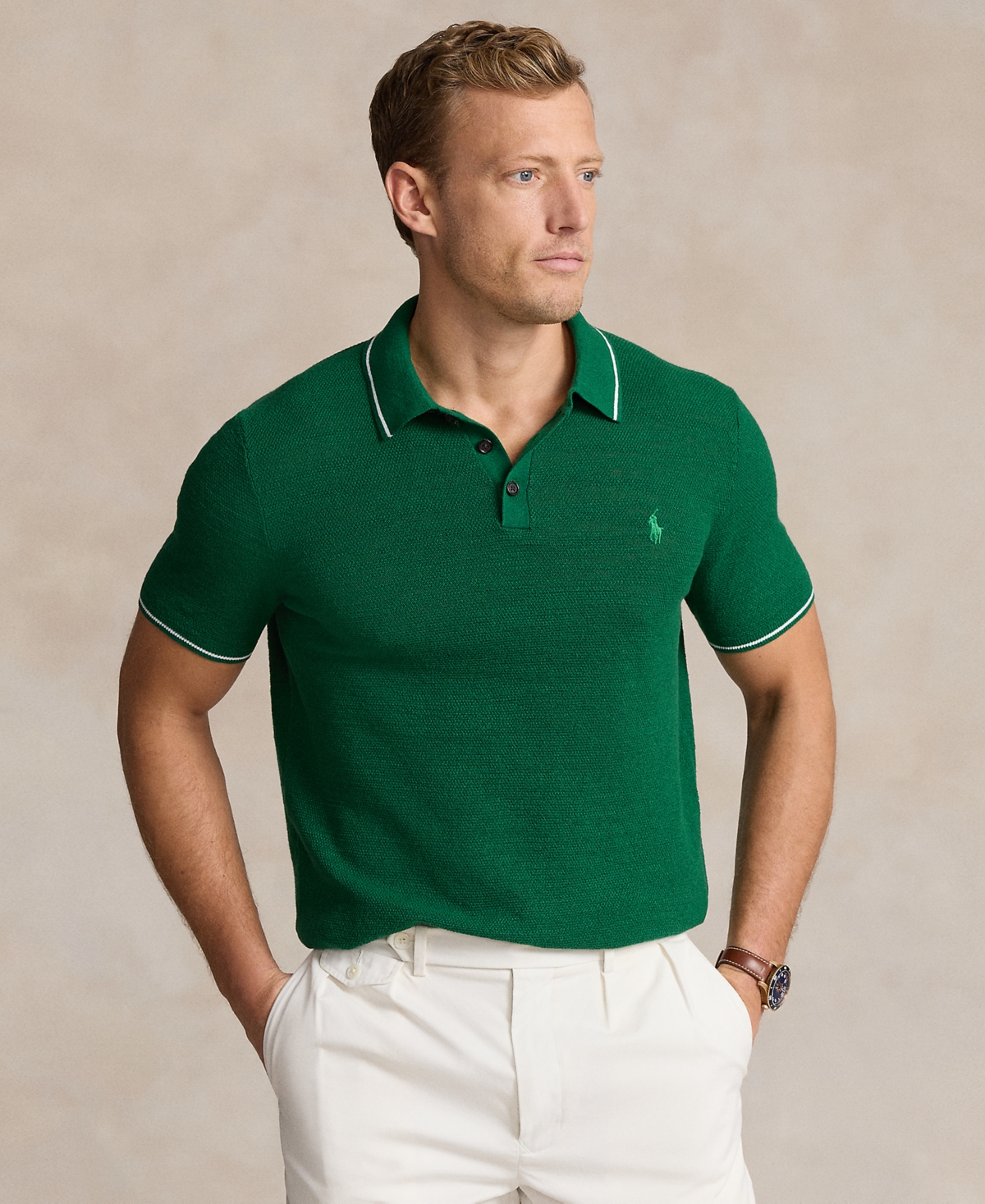 Shop Polo Ralph Lauren Men's Cotton-linen Polo-collar Sweater In Tennis Green