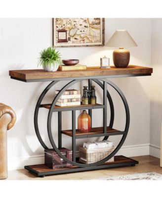 Industrial 4-Tier Console Table with Circle Base and Storage Shelves, 41.3-Inch Narrow Accent Sofa Table for Entryway or Living Room