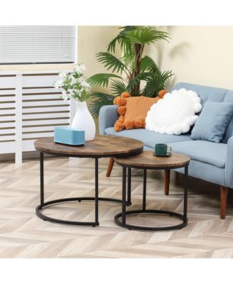 Round Nesting Coffee Table Set of 2 Stacking Accent Tables, Rustic Brown