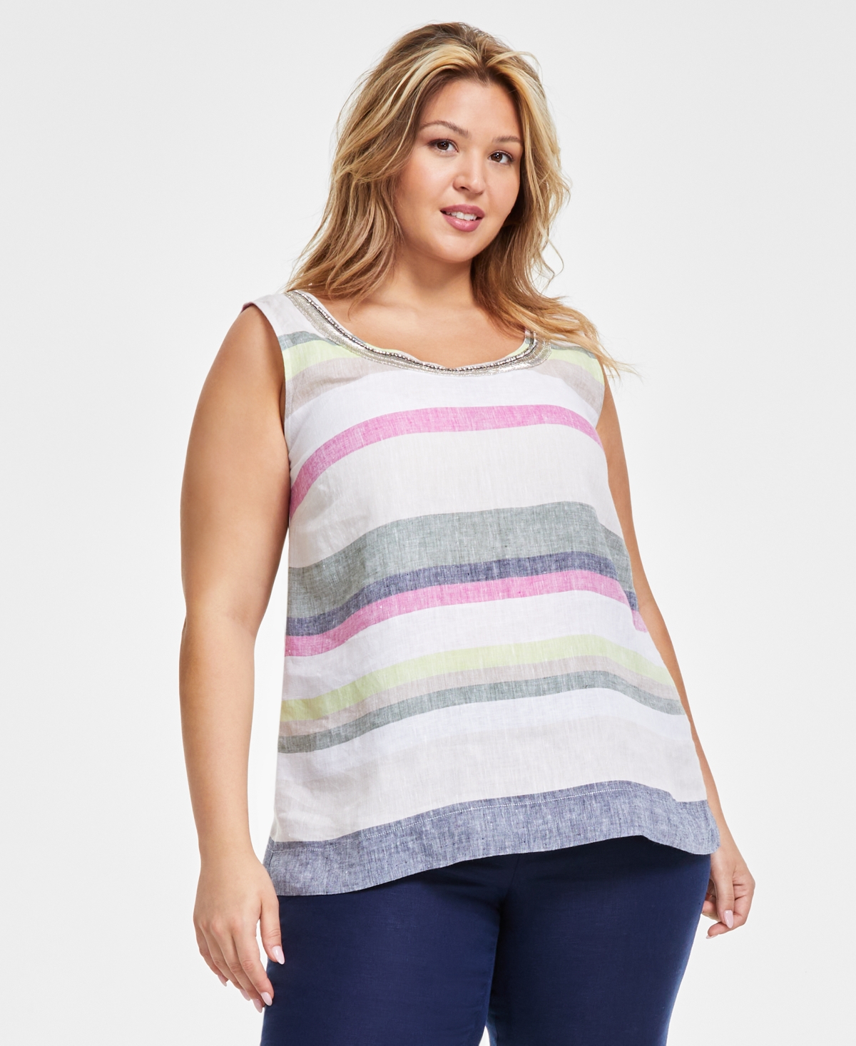 Charter Club Plus Size Printed Scoop-neck Linen Top, Created For Macy's In Cool Olive Combo