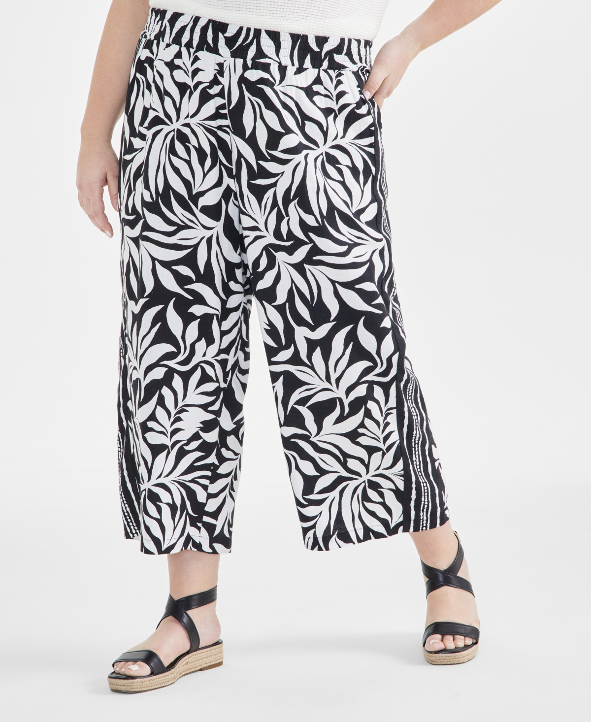 Style & Co Plus Size Linen-Blend Printed Wide-Leg Cropped Pants, Created for Macy's