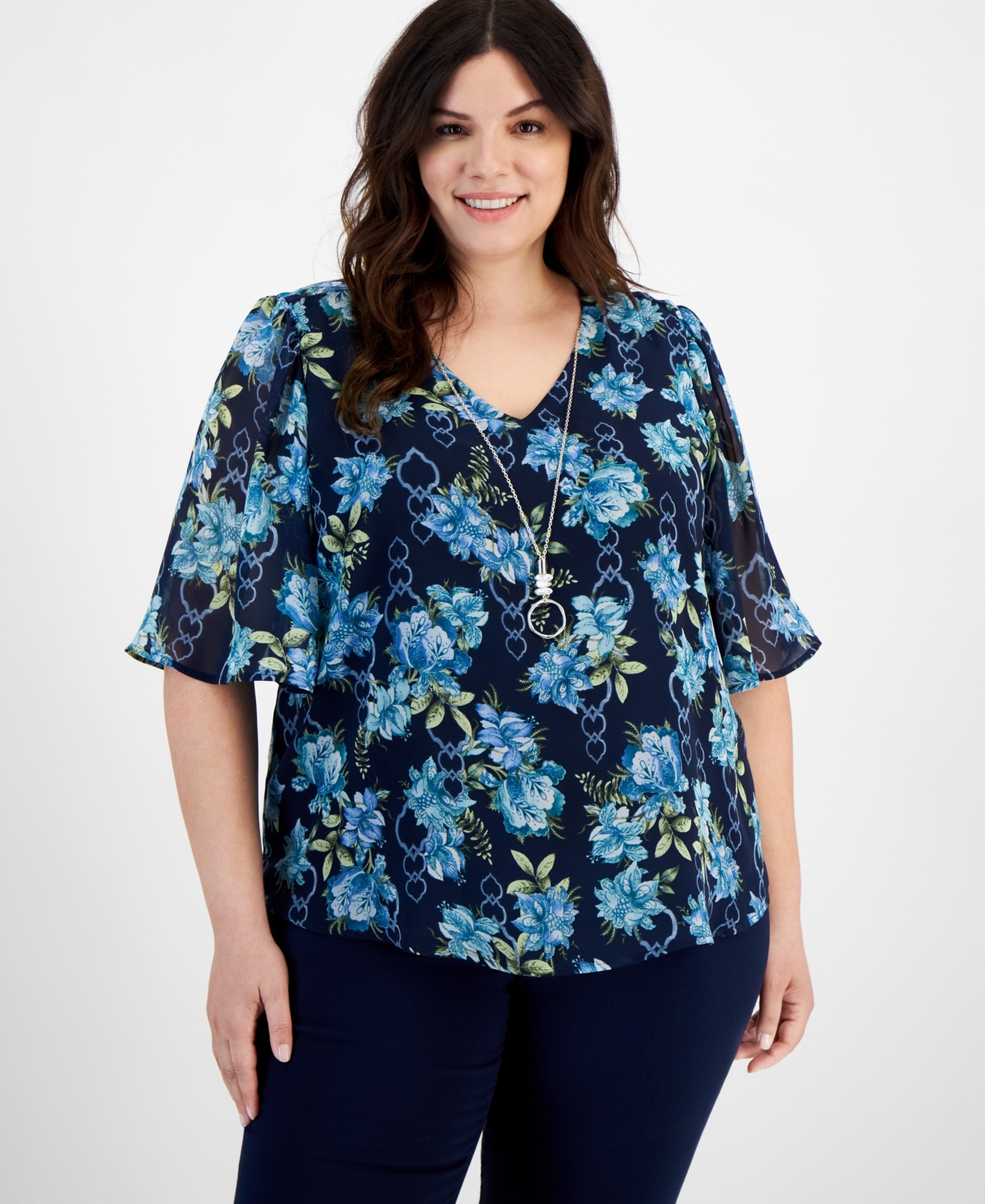 Jm Collection Plus Size Garden Lattice Flutter-Sleeve Top, Created for Macy's