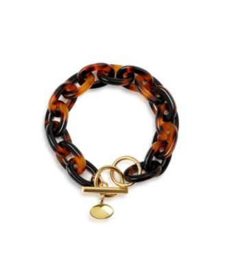 Brown Golden Acrylic Leopard Tortoise Shell Oval Chain Link Bracelet Yellow Gold Plated Stainless Steel