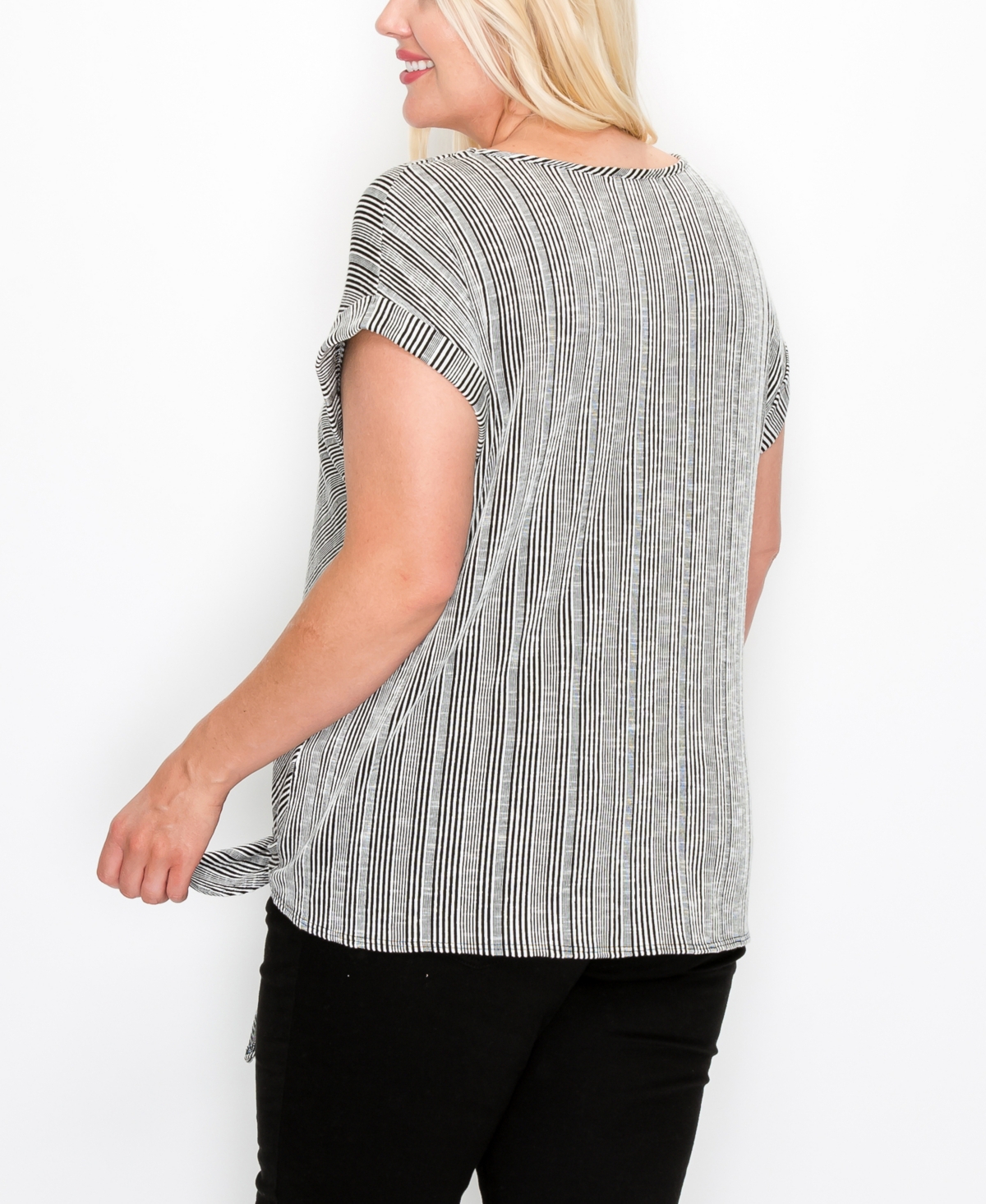 Shop Coin 1804 Plus Size Variegated Textured Stripe Chevron Side Tie Roll Sleeve Top In Black Ivory