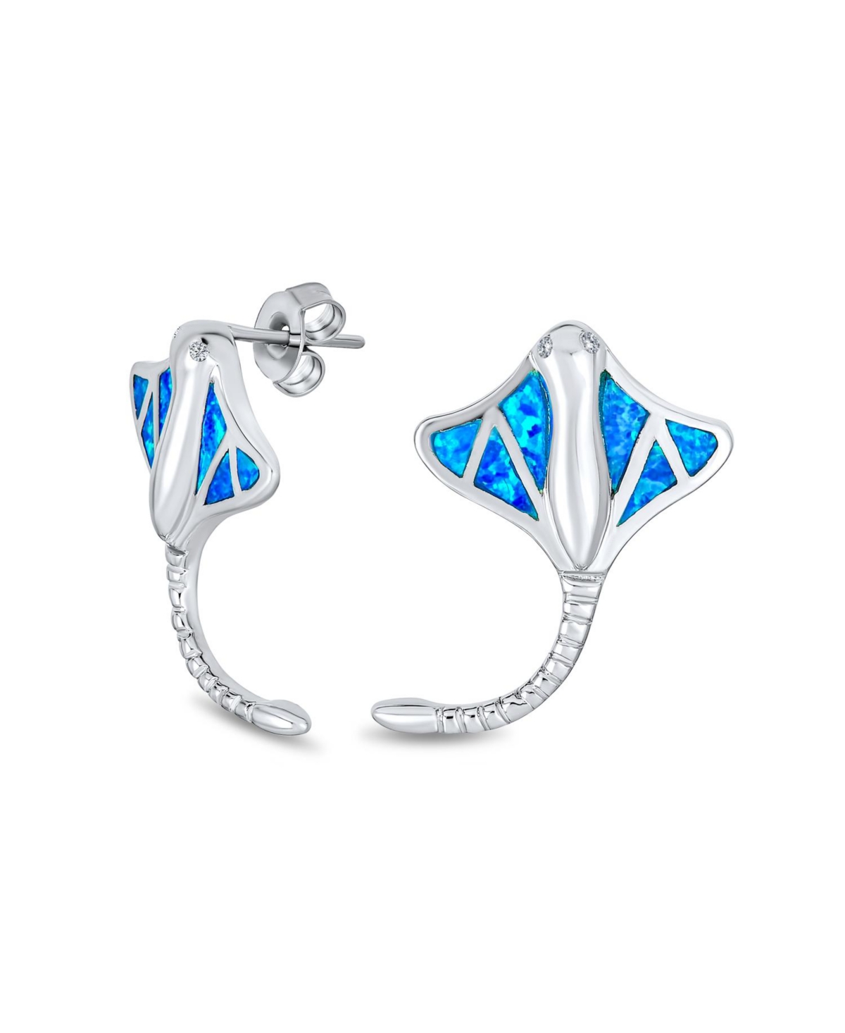 Nautical Blue Inlay Created Opal Large Stingray Stud Earrings For Women.925 Sterling Silver October Birthstone - Silver blue