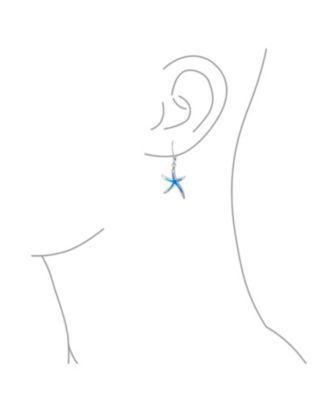 Nautical Aquatic Tropical Beach Vacation Iridescent Created Opal Inlay Starfish Dangle Drop Lever back Earrings Sterling Silver