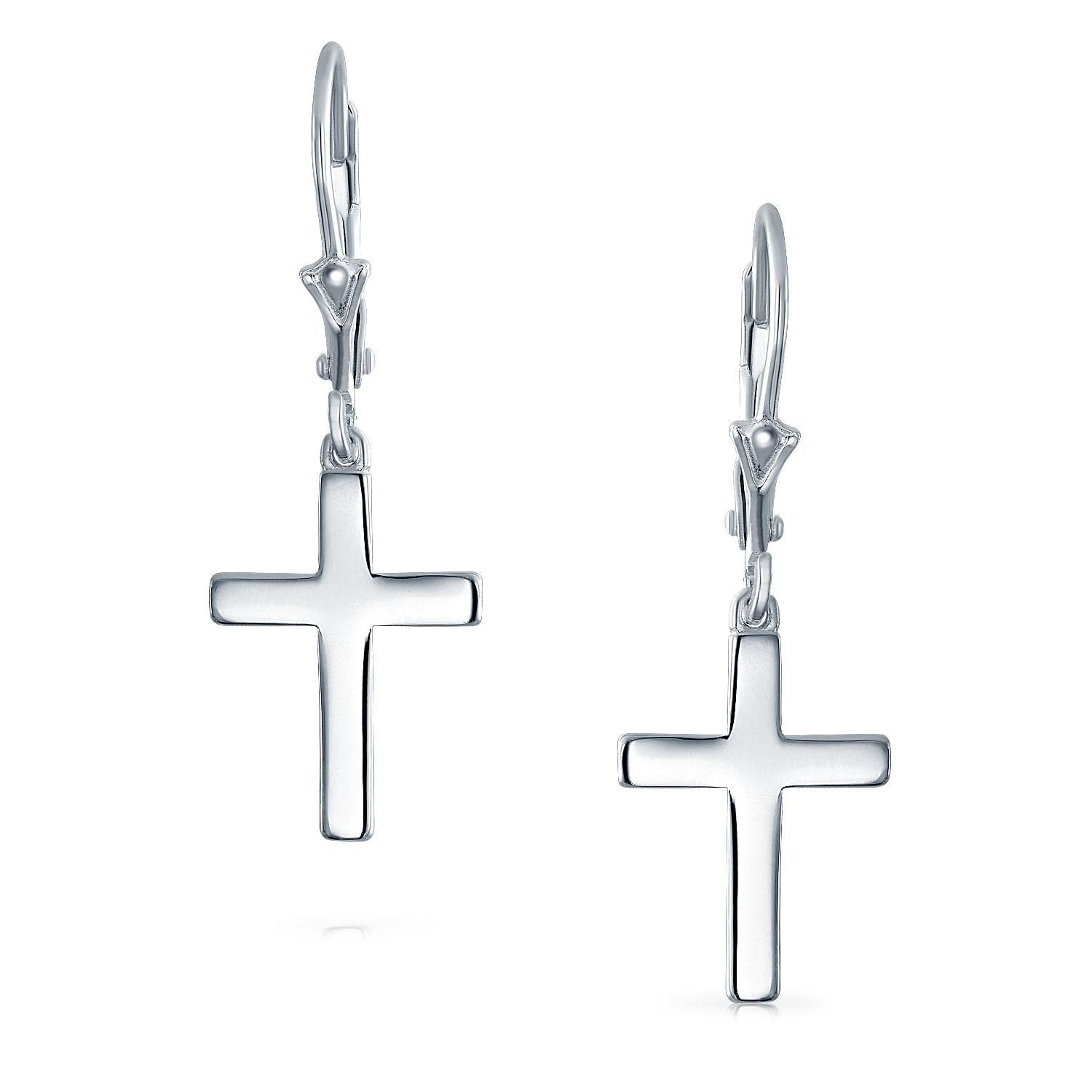 Religious Dangle Cross Earrings .925 Sterling Silver Lever back