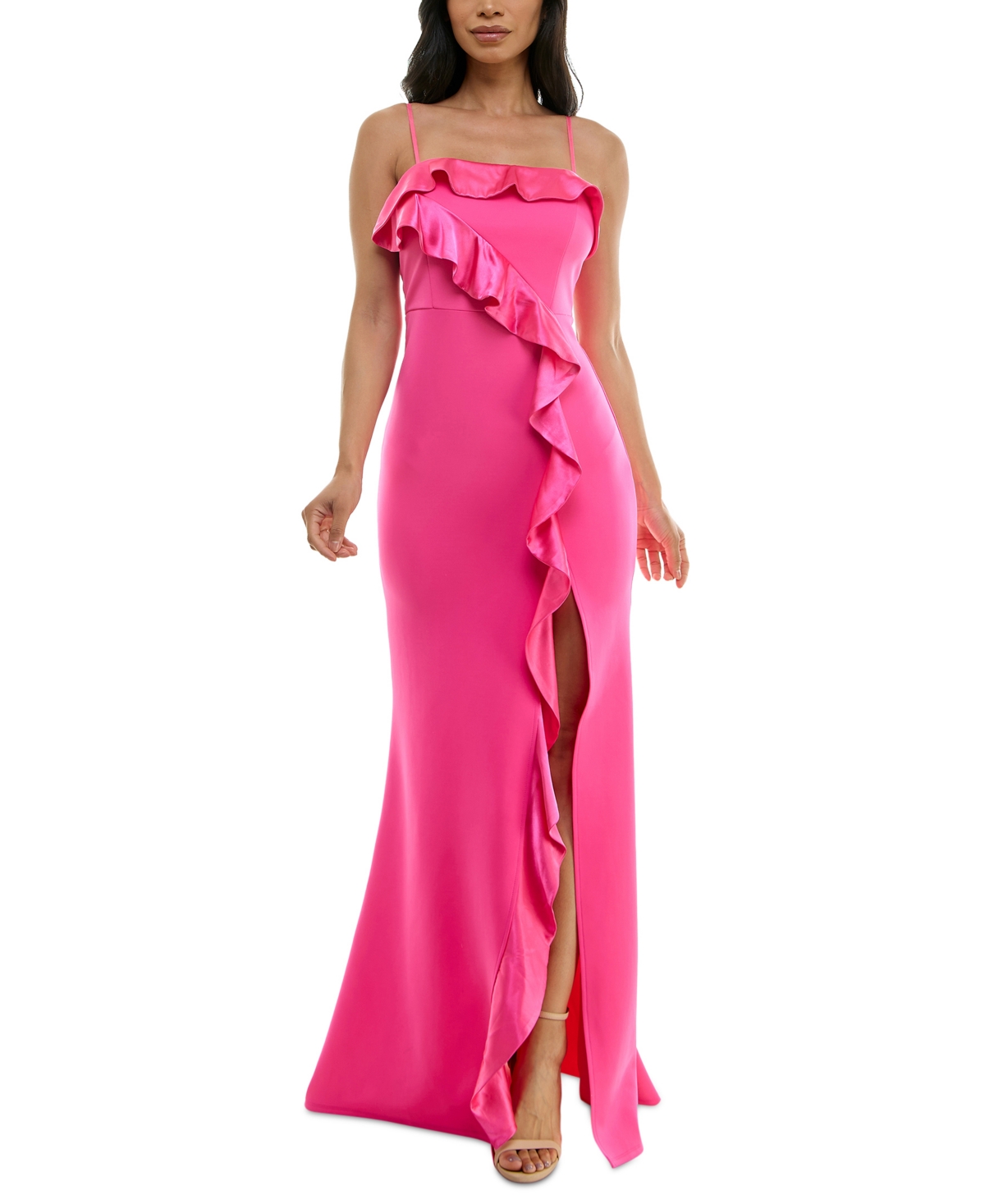 Juniors' Ruffled Sleeveless Gown - Hot Pink
