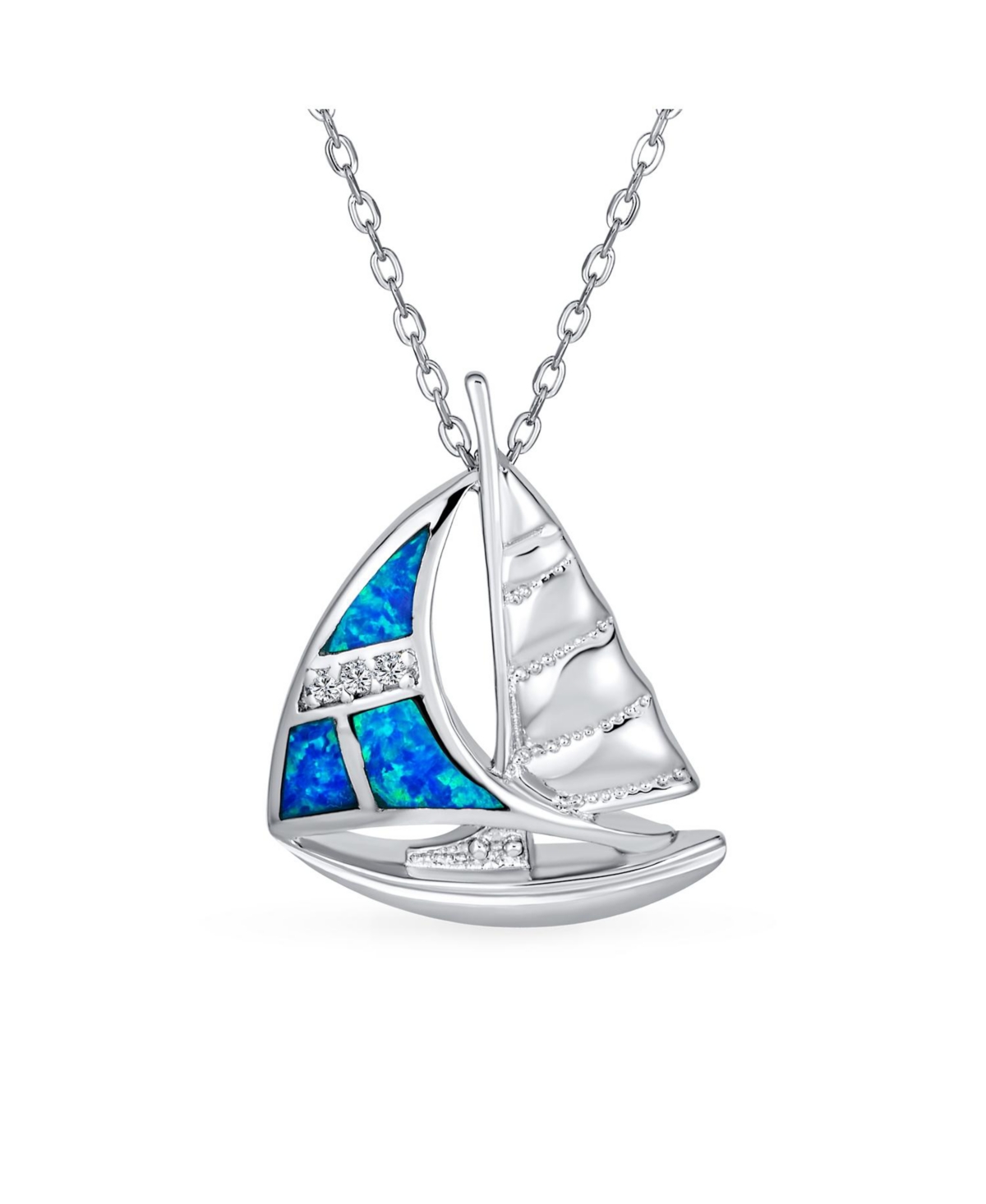 Gemstone Nautical Boat Summer Caribbean Vacation Ship Sailor Created Blue Opal Sailboat Necklace Pendant For Women .925 Sterling Silver Large - Blue