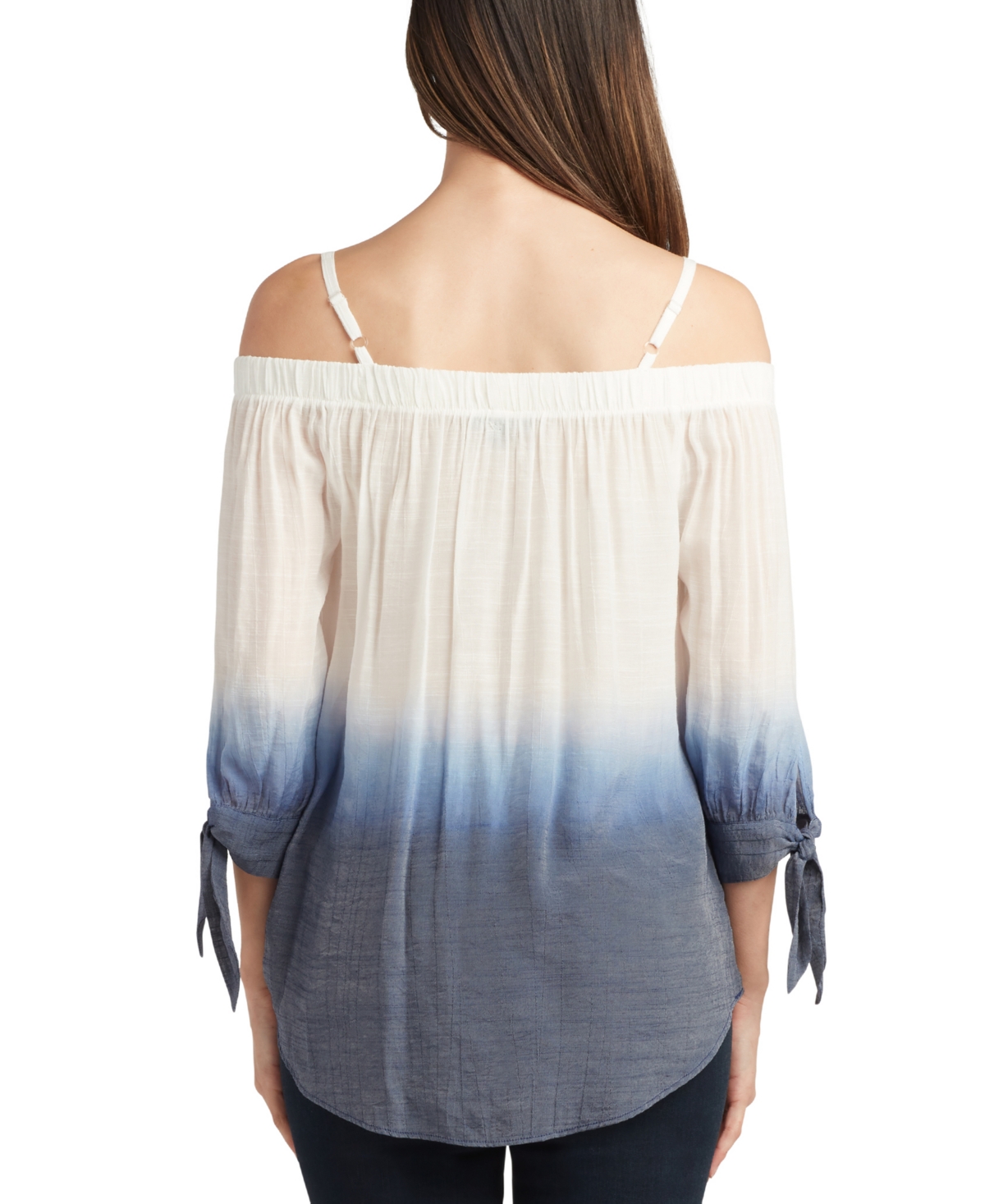 Shop Bcx Juniors' Off-the-shoulder Dip-dyed 3/4-sleeve Top In Blue Ombre