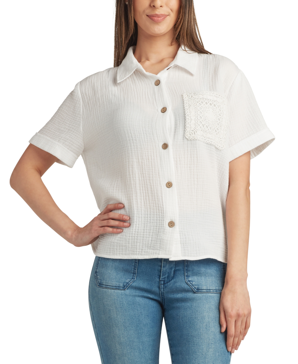 Shop Bcx Juniors' Cotton Short-sleeve Collared Gauze Top In White
