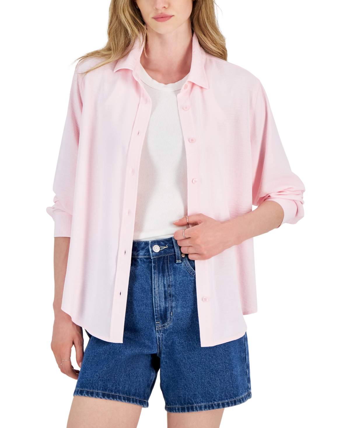 Juniors' Button-Up Long-Sleeve Boyfriend Shirt - Cloud Pink