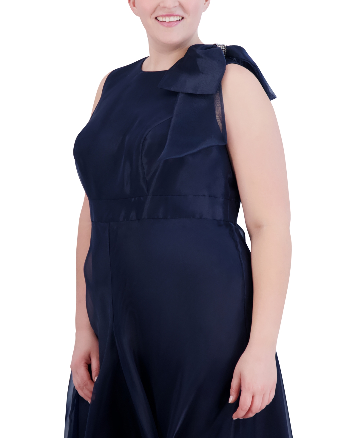 Shop Eliza J Plus Size Organza Bow-trim Halter Jumpsuit In Navy