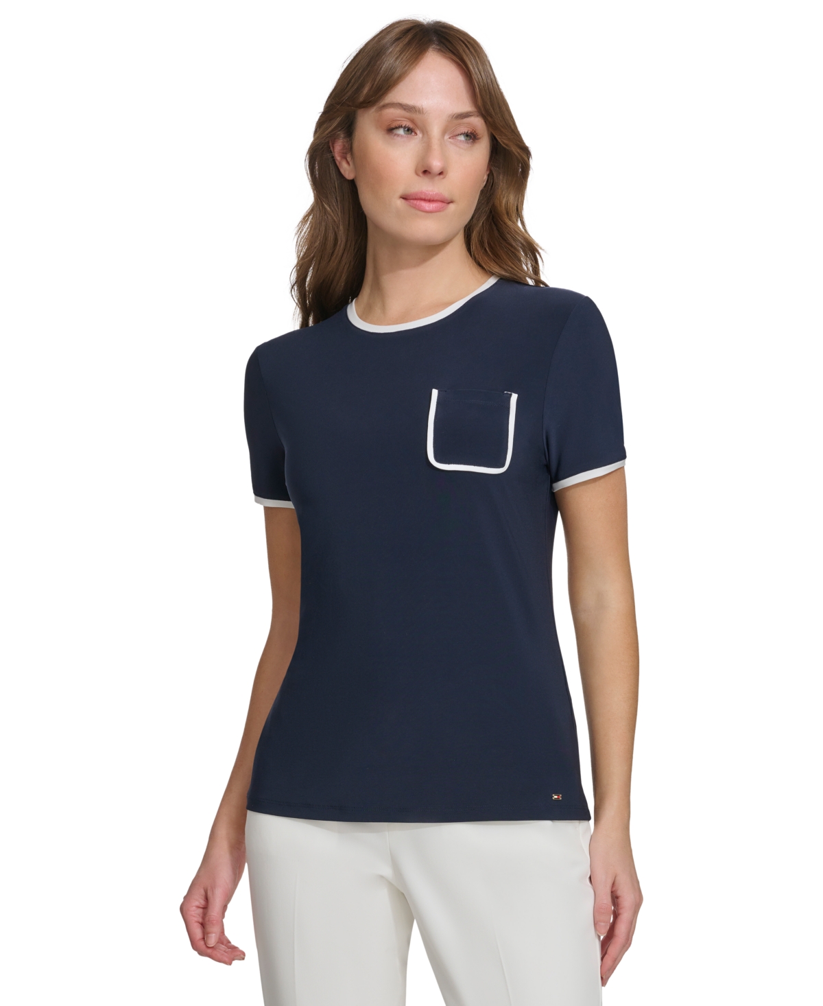 Shop Tommy Hilfiger Women's Contrast-trim Short-sleeve Top In Midnight,ivory