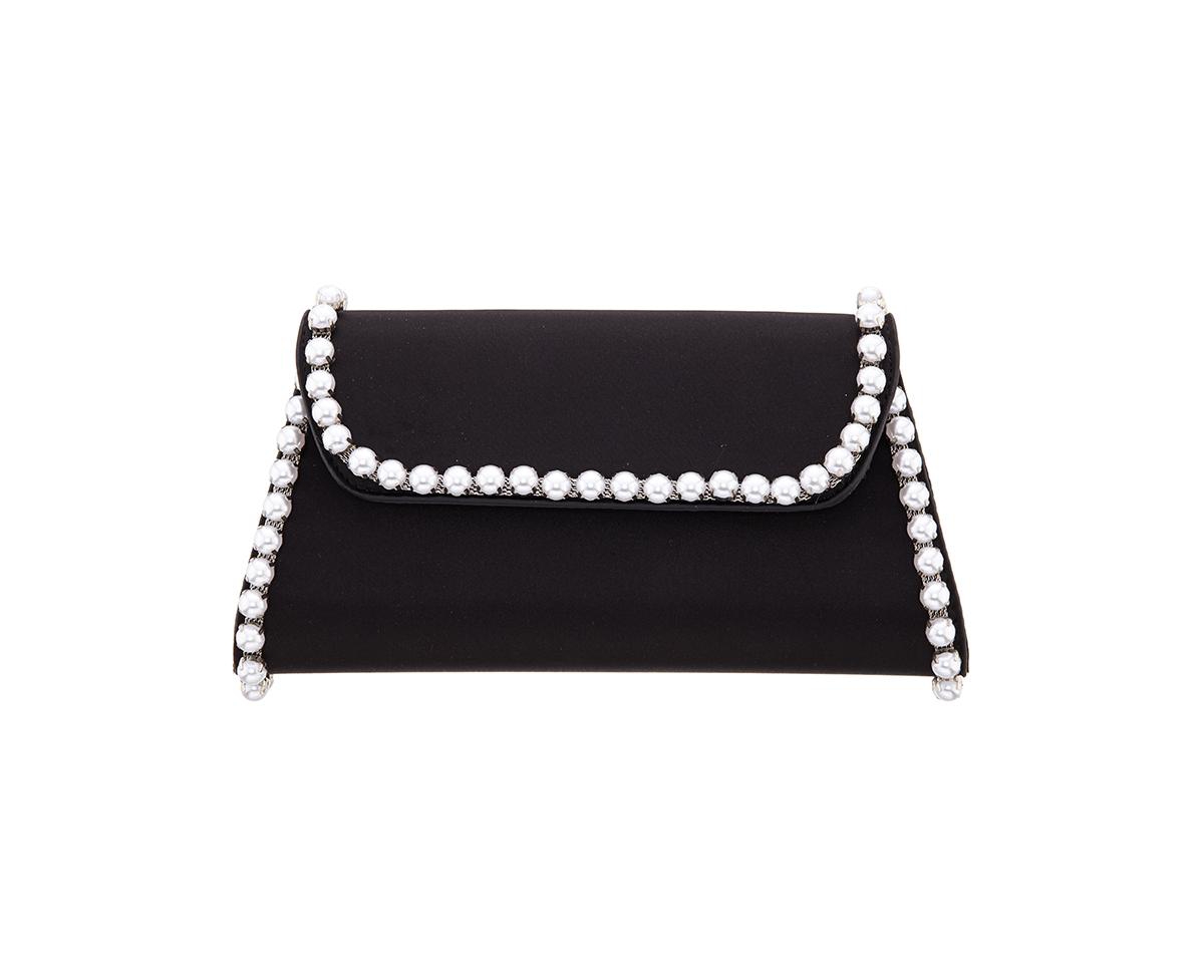 Shop Nina Imitation Pearl Trim Trapezoid Flap Bag In Black
