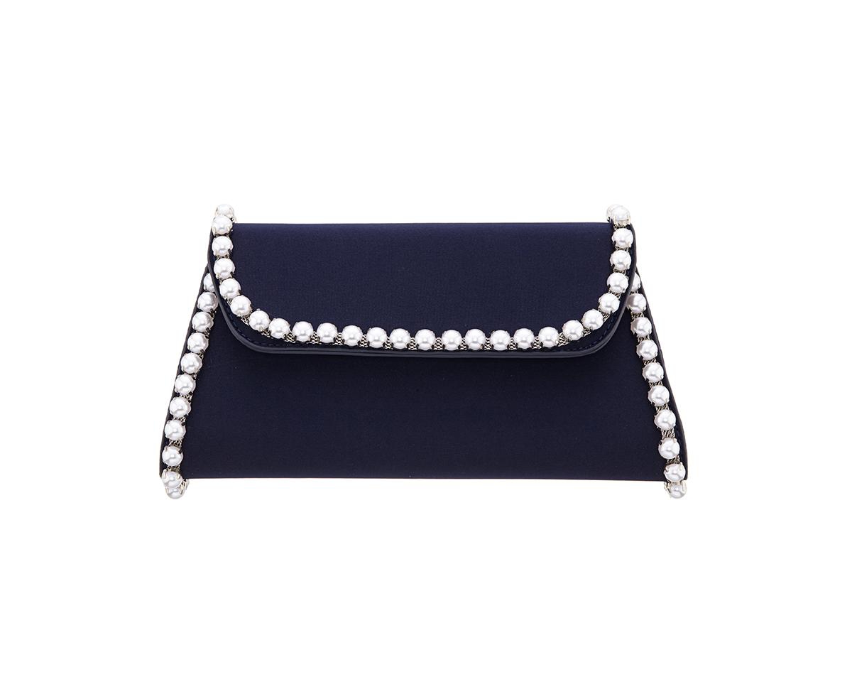 Shop Nina Imitation Pearl Trim Trapezoid Flap Bag In Navy