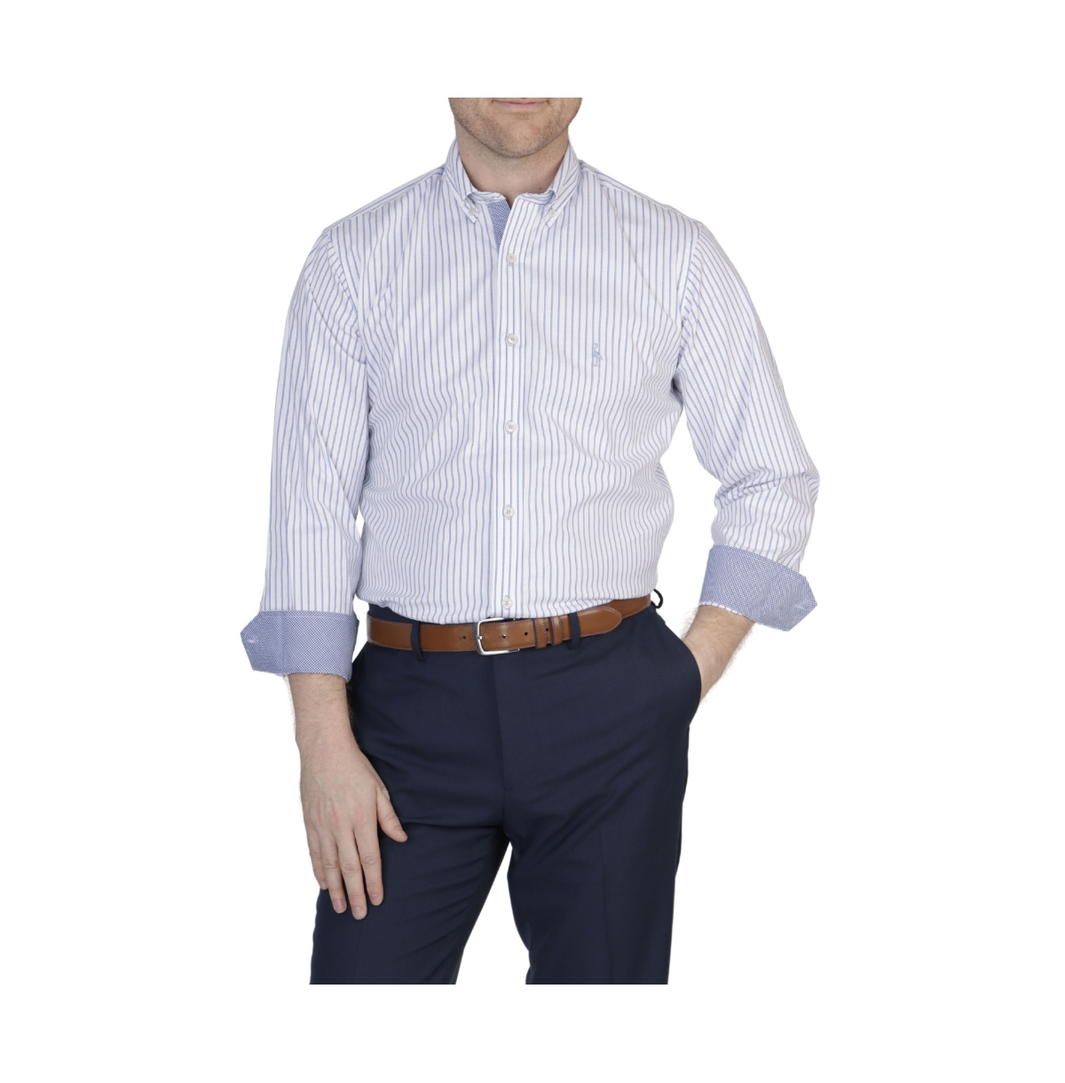 Stripe Cotton Spandex Poplin Long Sleeve Shirt - Blue
