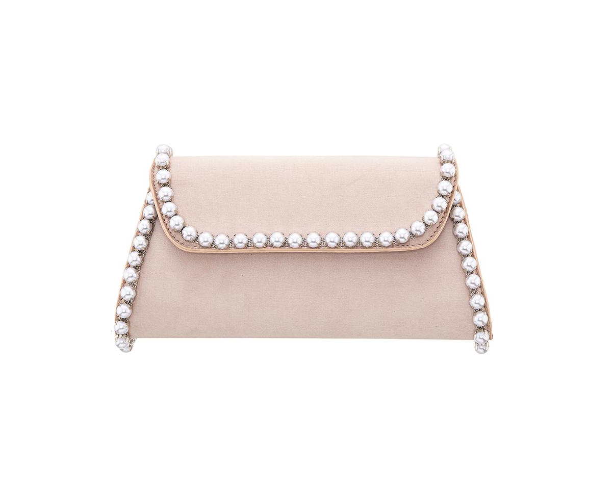 Shop Nina Imitation Pearl Trim Trapezoid Flap Bag In Pearl Rose
