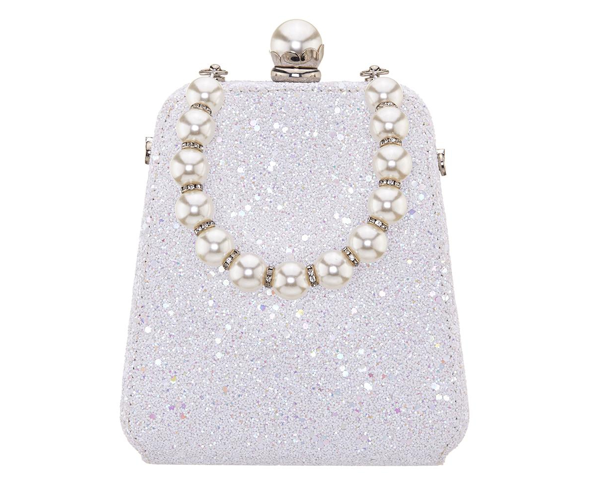 Imitation Pearl Handle Glitter Box Bag - White