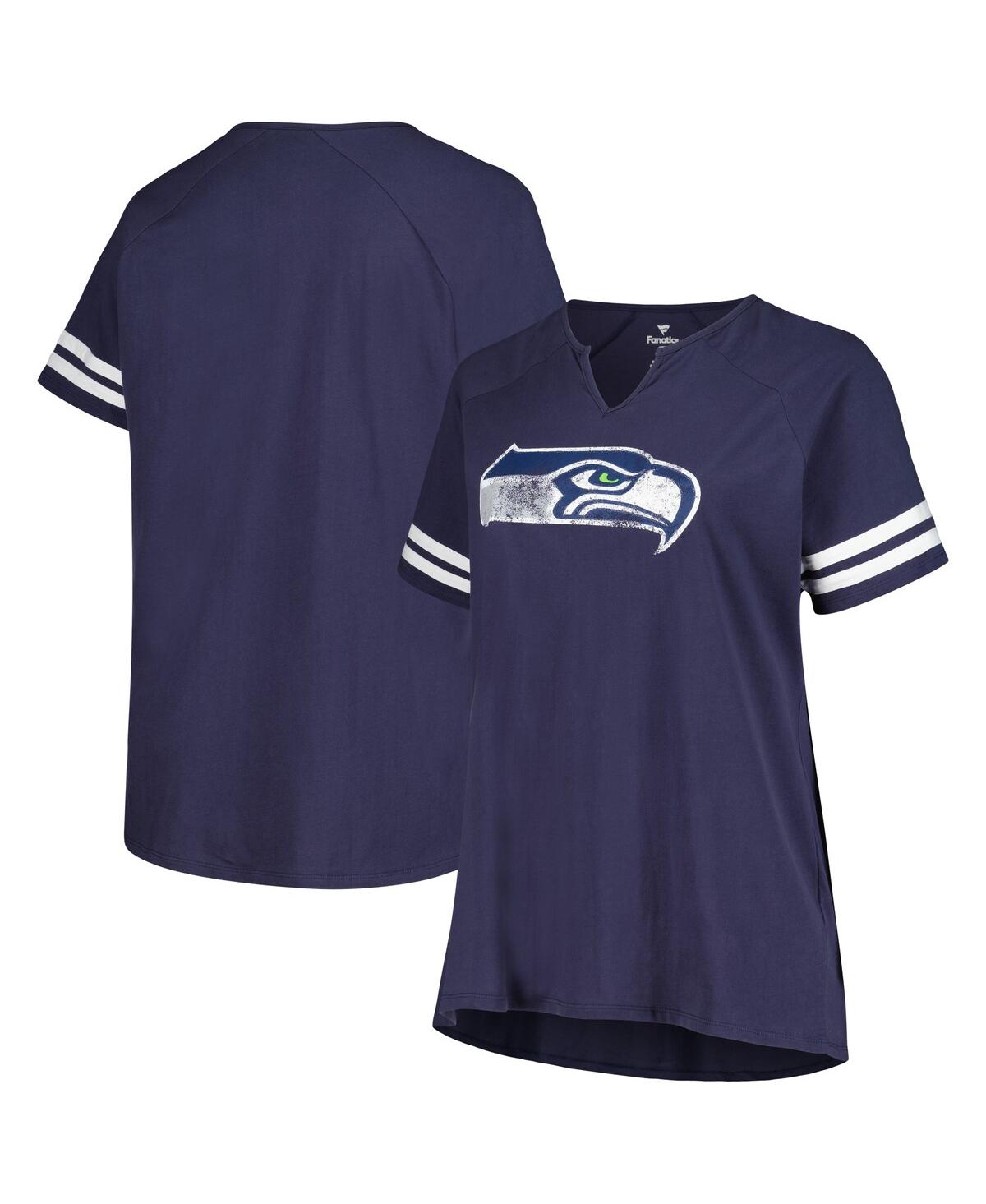 Shop Fanatics Women's  Navy Distressed Seattle Seahawks Plus Size Raglan Notch Neck T-shirt