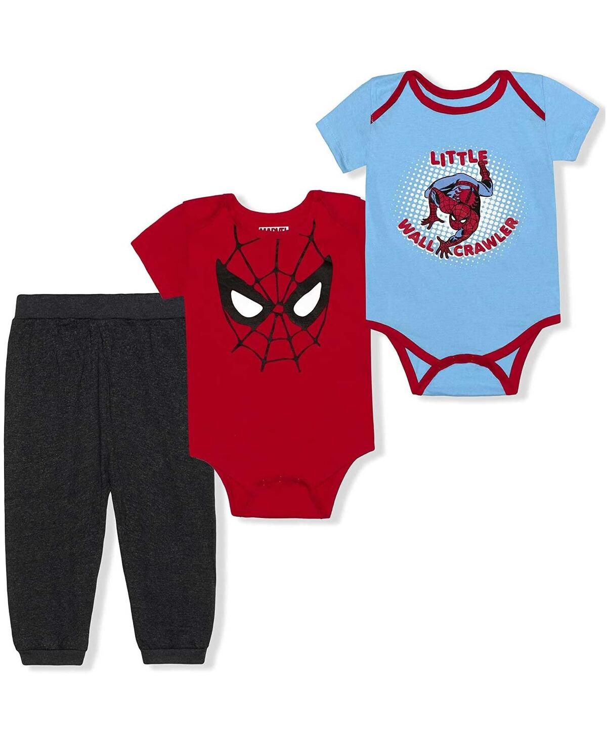 Shop Children's Apparel Network Baby Boys And Girls Red, Light Blue, Charcoal Spider-man Bodysuit And Jogger 3-pack Set In Red,light Blue,charcoal