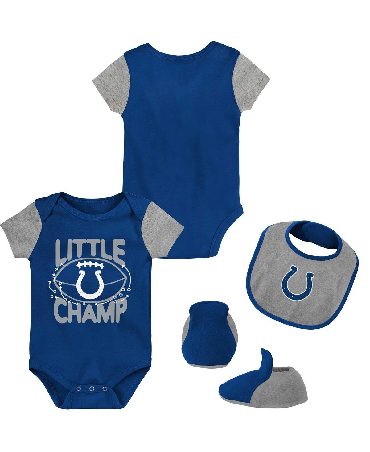 Shop Outerstuff Baby Boys And Girls Royal, Gray Indianapolis Colts Little Champ Three-piece Bodysuit Bib And Booties In Royal,gray