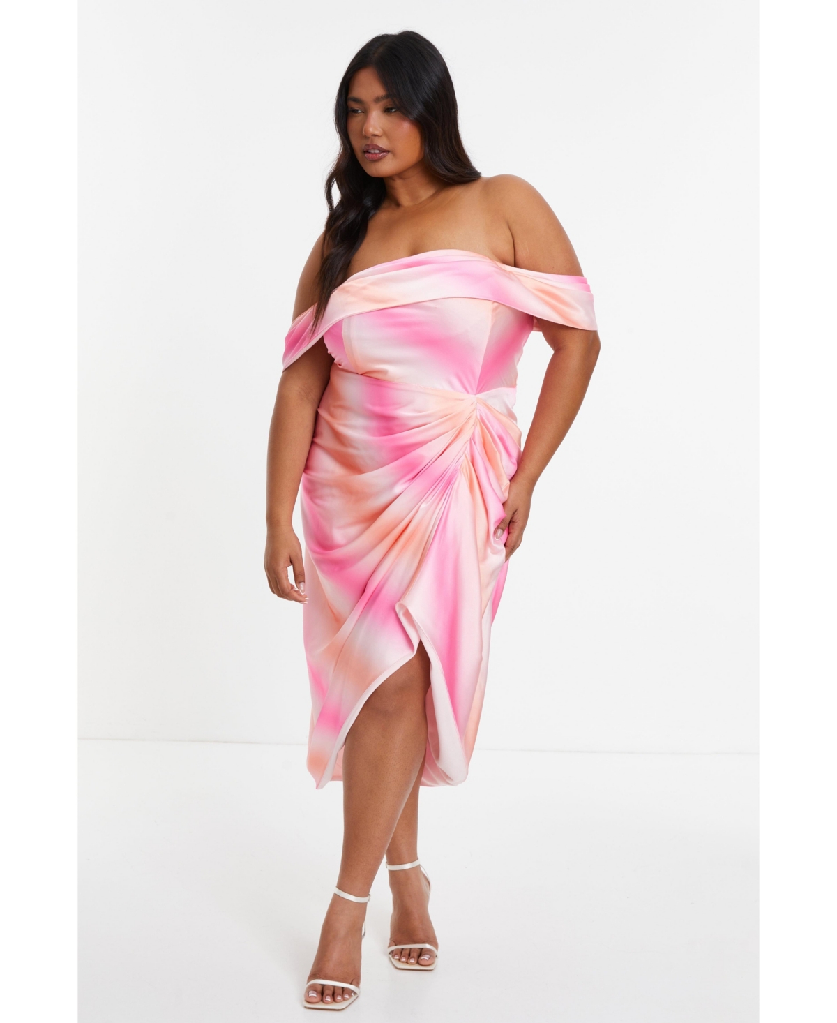 Women's Plus Size Satin Bardot Midi Dress - Pink