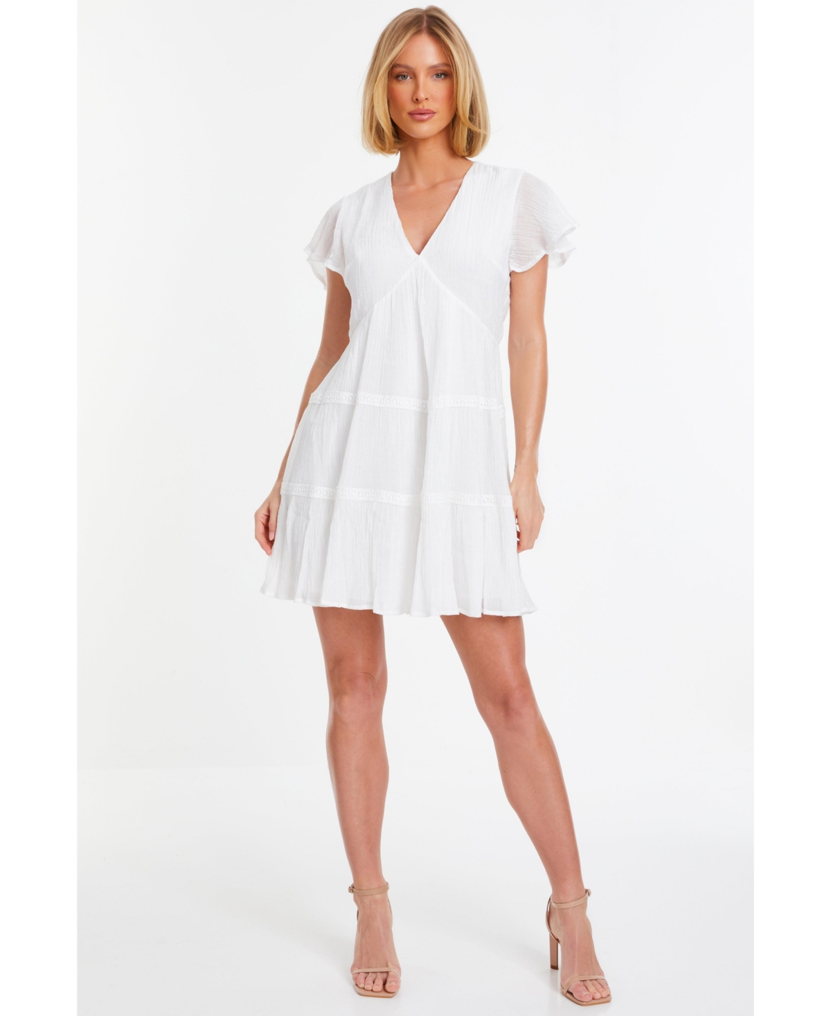 Women's V-Neck Frill Sleeve Tunic Dress - White