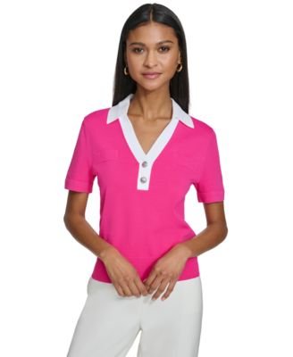 KARL LAGERFELD PARIS - Women's Contrast-Trim Polo-Collar Top