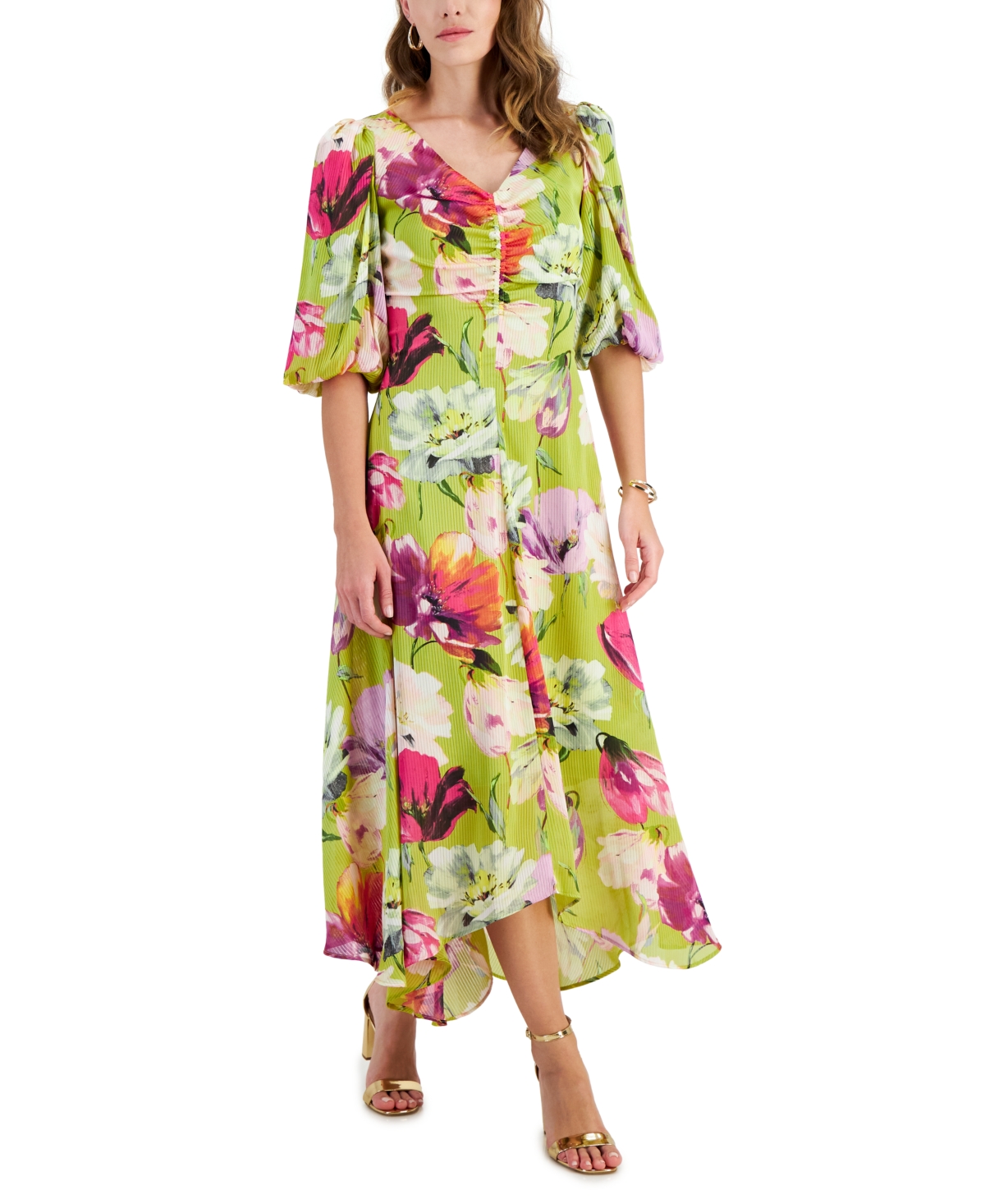Shop Taylor Women's Satin 3/4-sleeve V-neck Midi Dress In Spring Gre