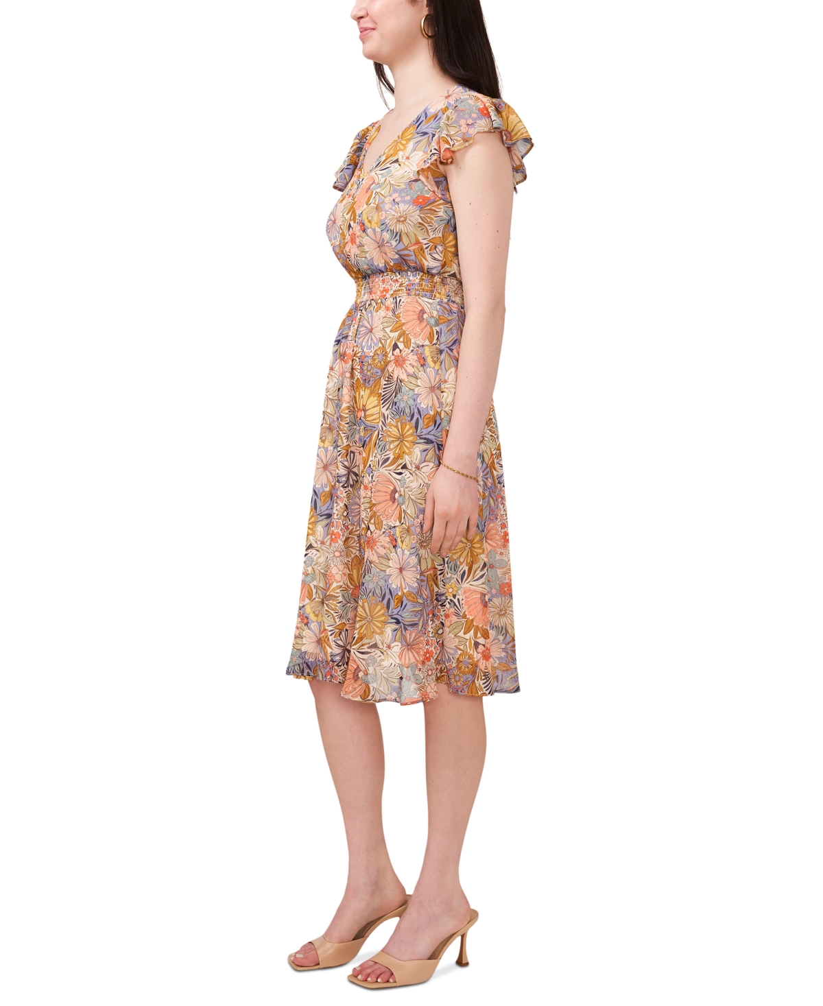 Shop Msk Petite Printed Flutter-sleeve V-neck Dress In Ivory,mult