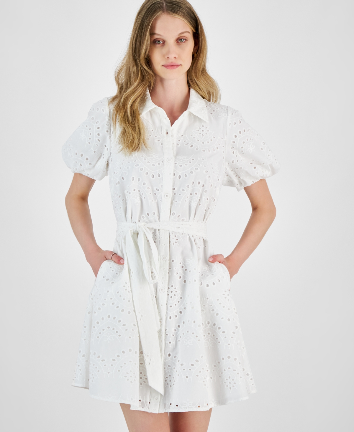 Shop Sam Edelman Women's Puff-sleeve Belted Eyelet Dress In White