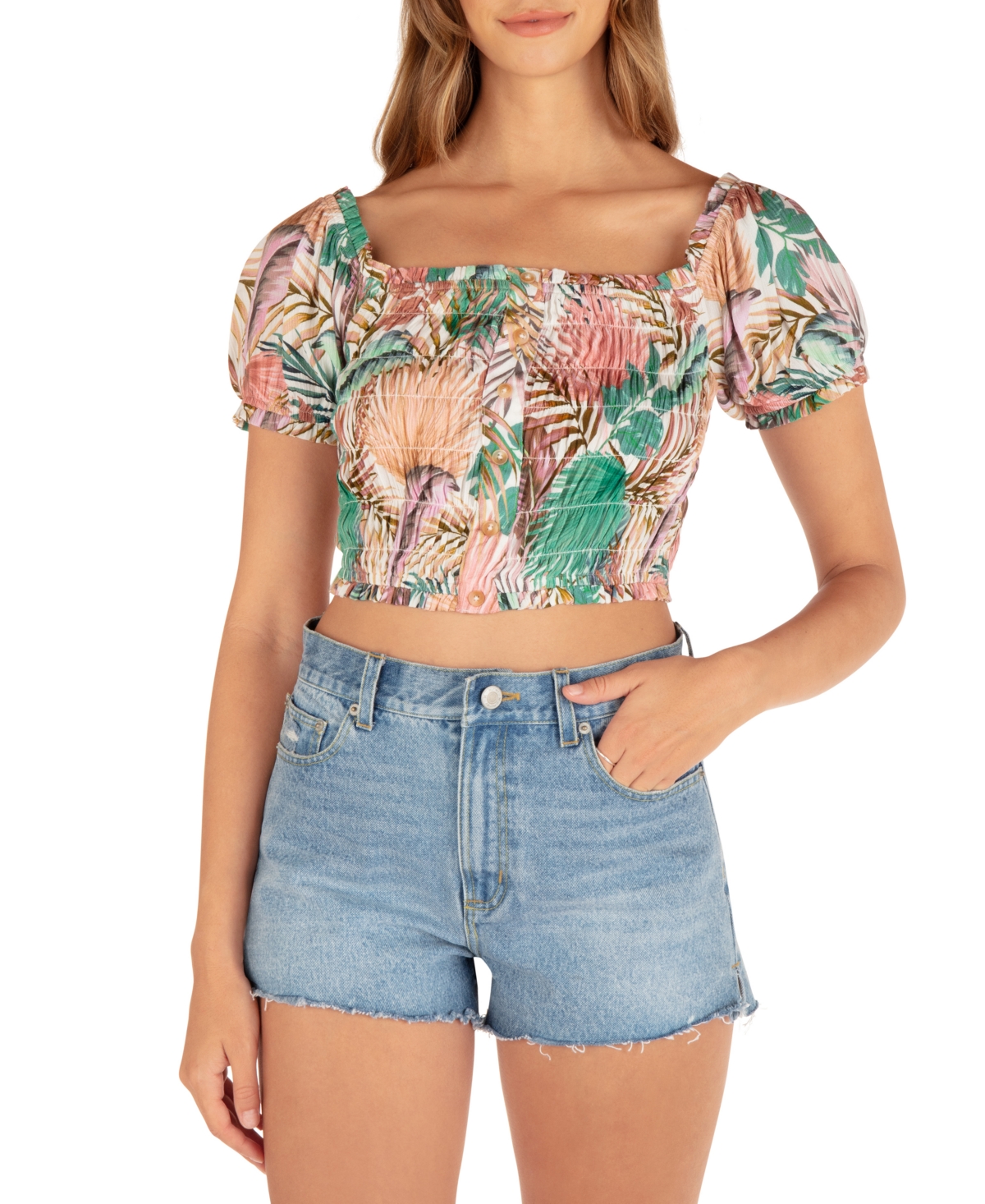 Hurley Juniors' Palmetto Sunset Smocked Crop Top In Print