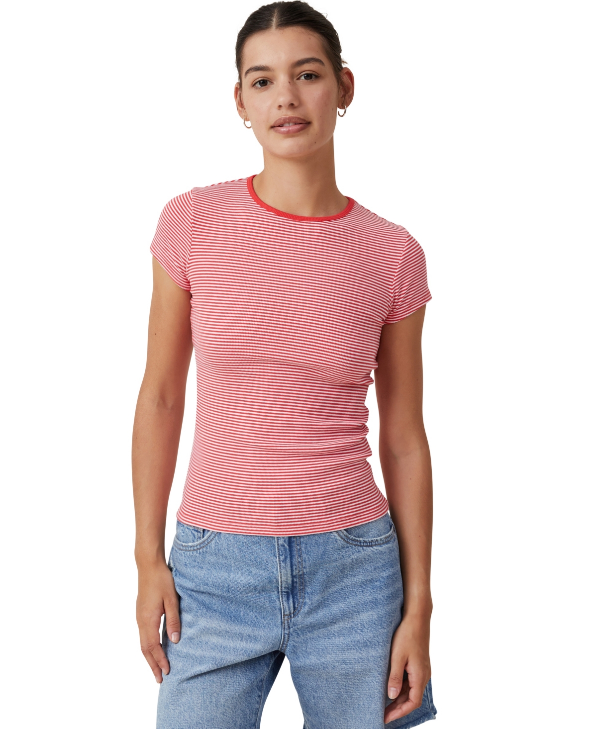 Cotton On Women's The One Rib Crew Short Sleeve T-shirt In Mini Stripe White,fiery Red