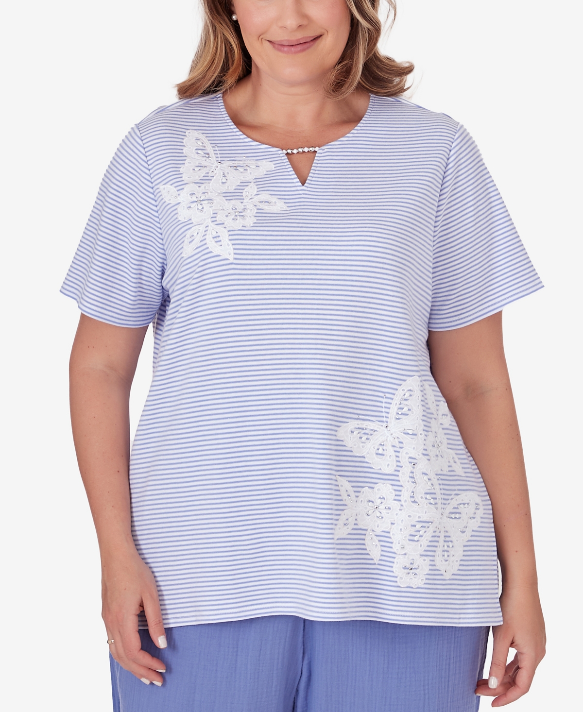 Alfred Dunner Plus Size Summer Breeze Mini Stripes T-shirt With Butterfly Lace Detail In Lilac