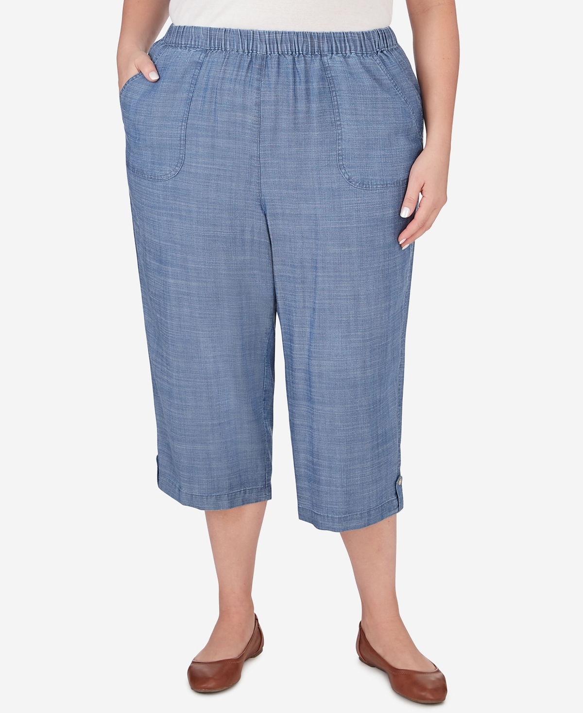 Alfred Dunner Plus Size Bayou Chambray Capri Pants With Pockets In Blue