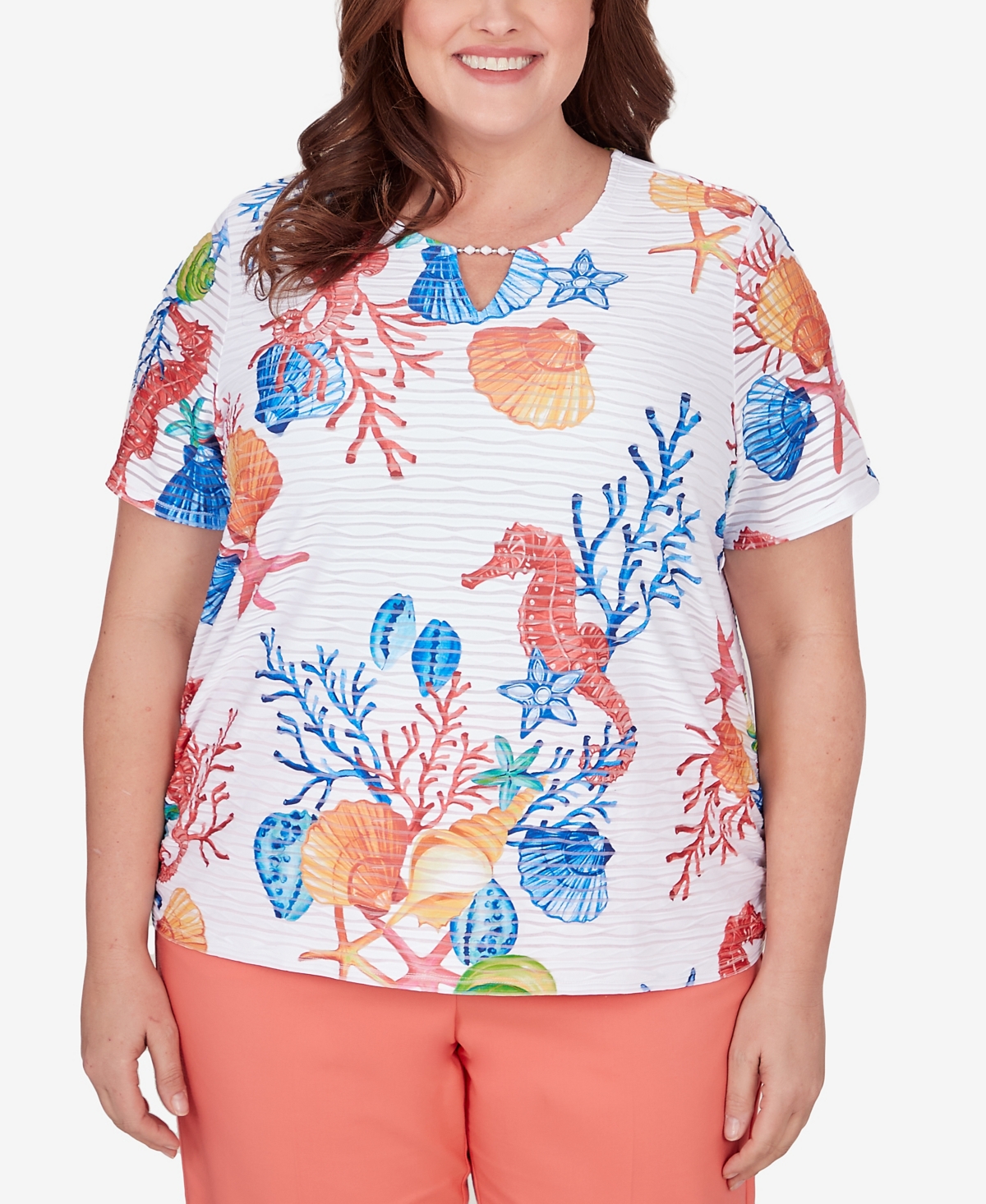 Shop Alfred Dunner Plus Size Neptune Beach Seahorse Textured Short Sleeve Top In Multi